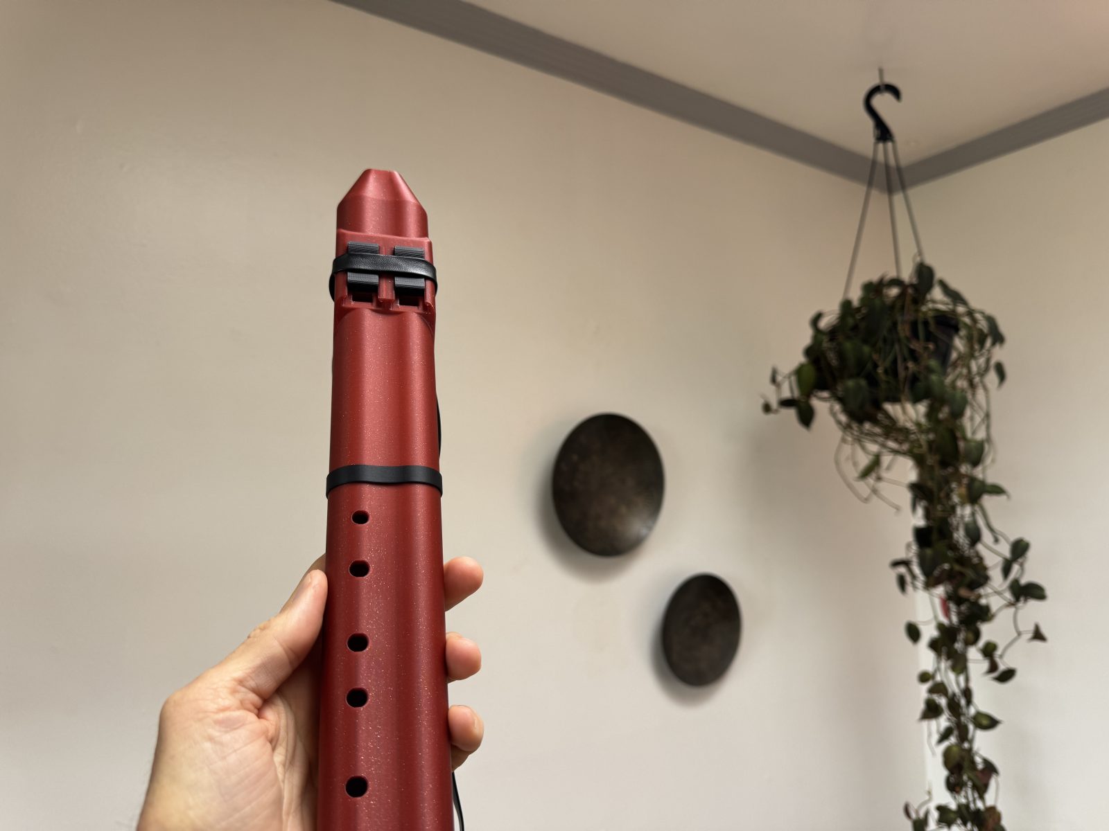 Vertical view of the Drone Flute A against a hanging plant